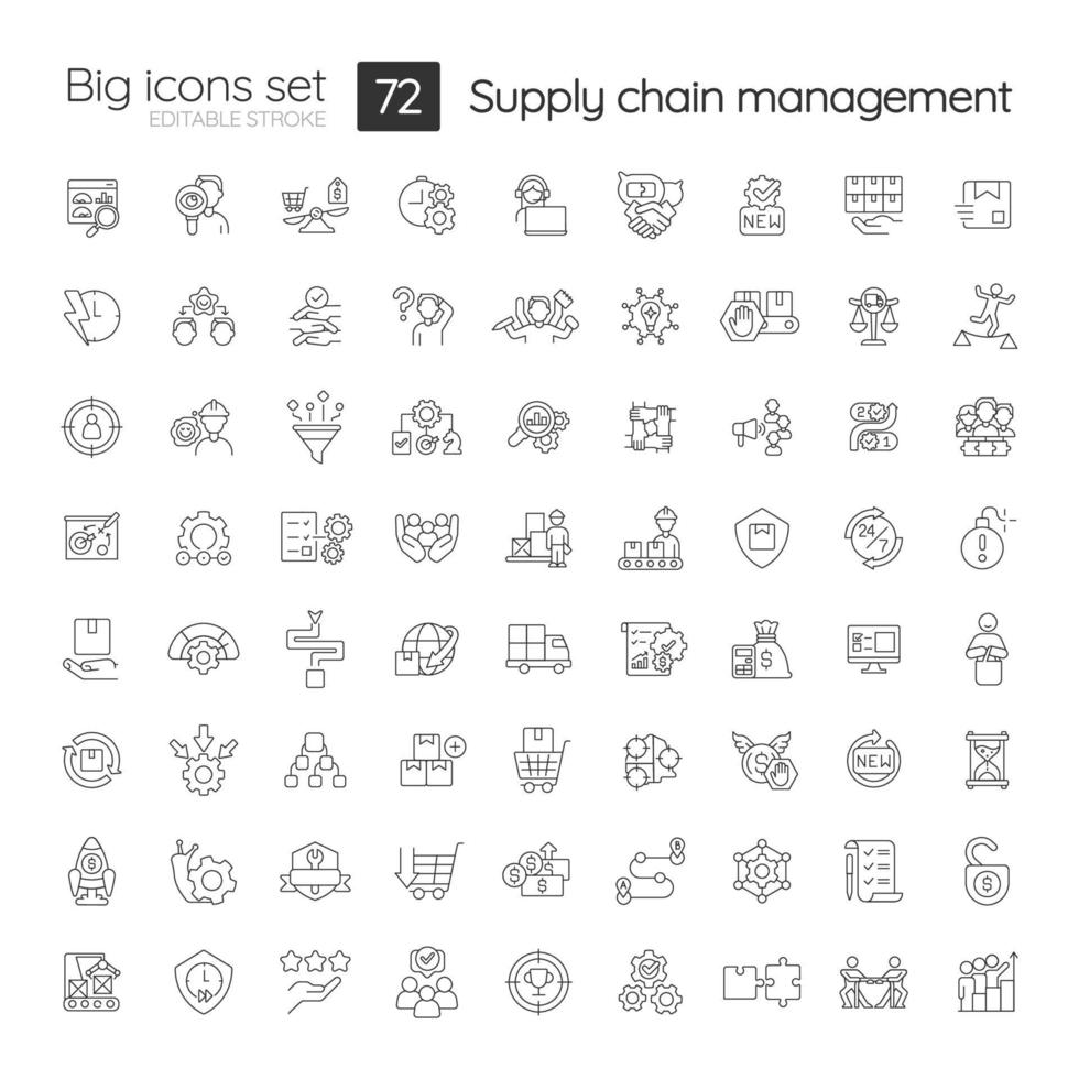 Supply chain management linear icons set. Production and logistics. Customizable thin line symbols. Isolated vector outline illustrations. Editable stroke.