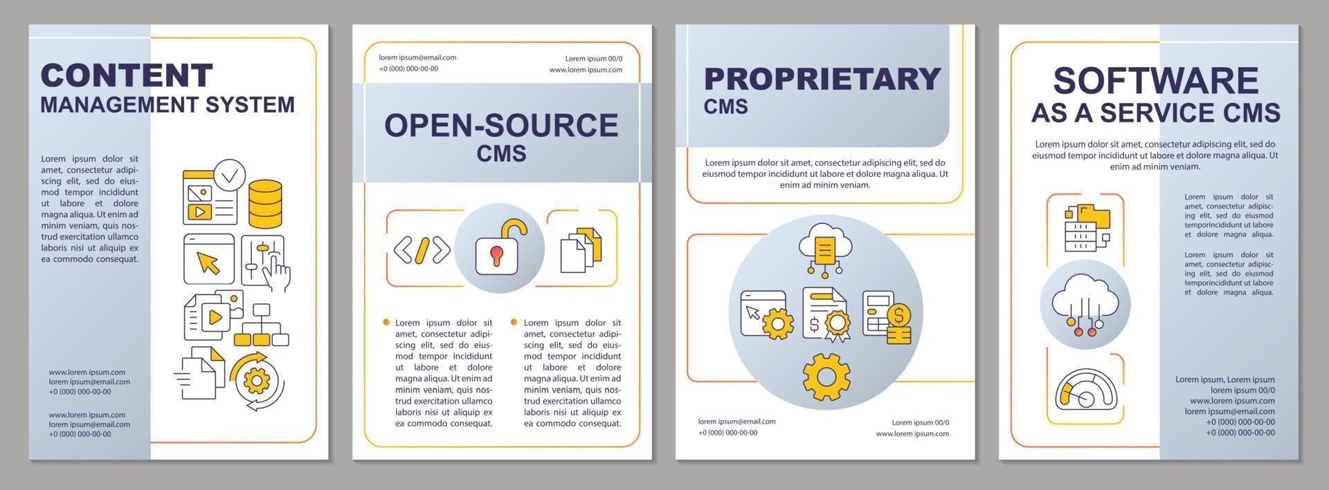 CMS types grey brochure template. Open-source and proprietary kinds. Leaflet design with linear icons. Editable 4 vector layouts for presentation, annual reports.