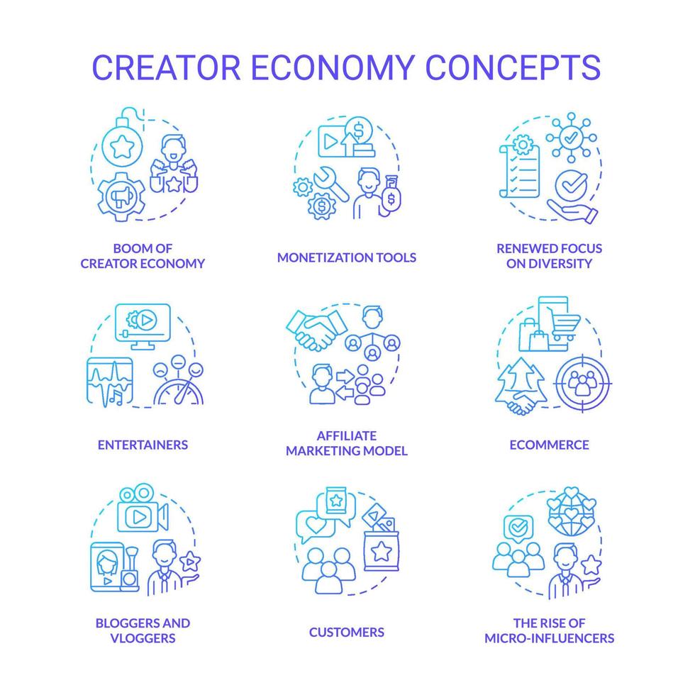 Creator economy blue gradient concept icons set. Content maker. Digital marketing. E commerce idea thin line color illustrations. Isolated symbols. vector