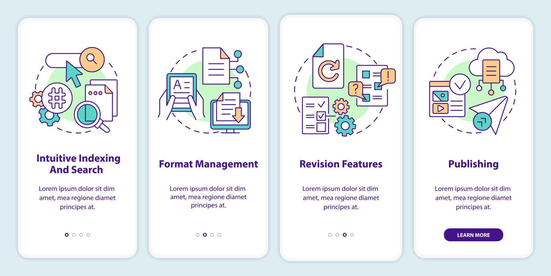 CMS features onboarding mobile app screen. Intuitive indexing, search walkthrough 4 steps editable graphic instructions with linear concepts. UI, UX, GUI template. vector