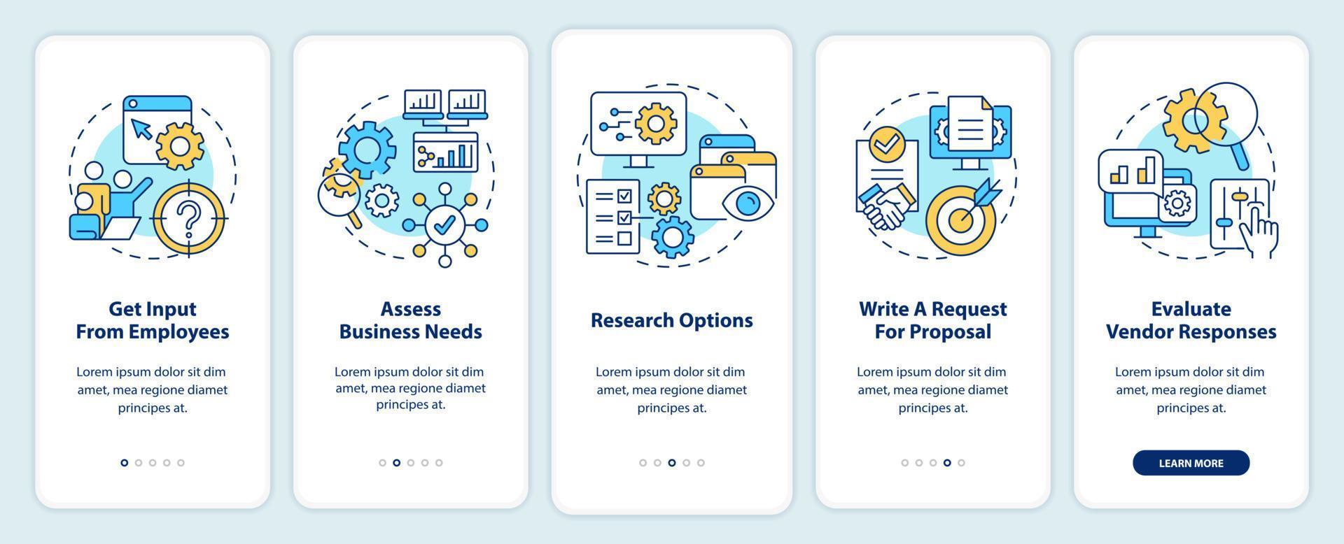 Choosing right CMS onboarding mobile app screen. Assess business needs walkthrough 5 steps editable graphic instructions with linear concepts. UI, UX, GUI template. vector