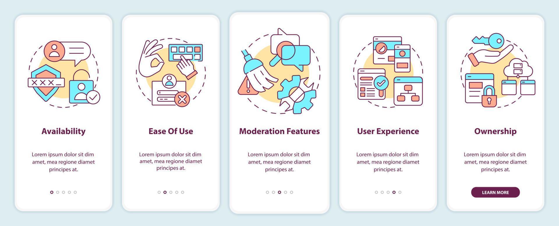 Aspects of comment system onboarding mobile app screen. Availability walkthrough 5 steps editable graphic instructions with linear concepts. UI, UX, GUI template. vector