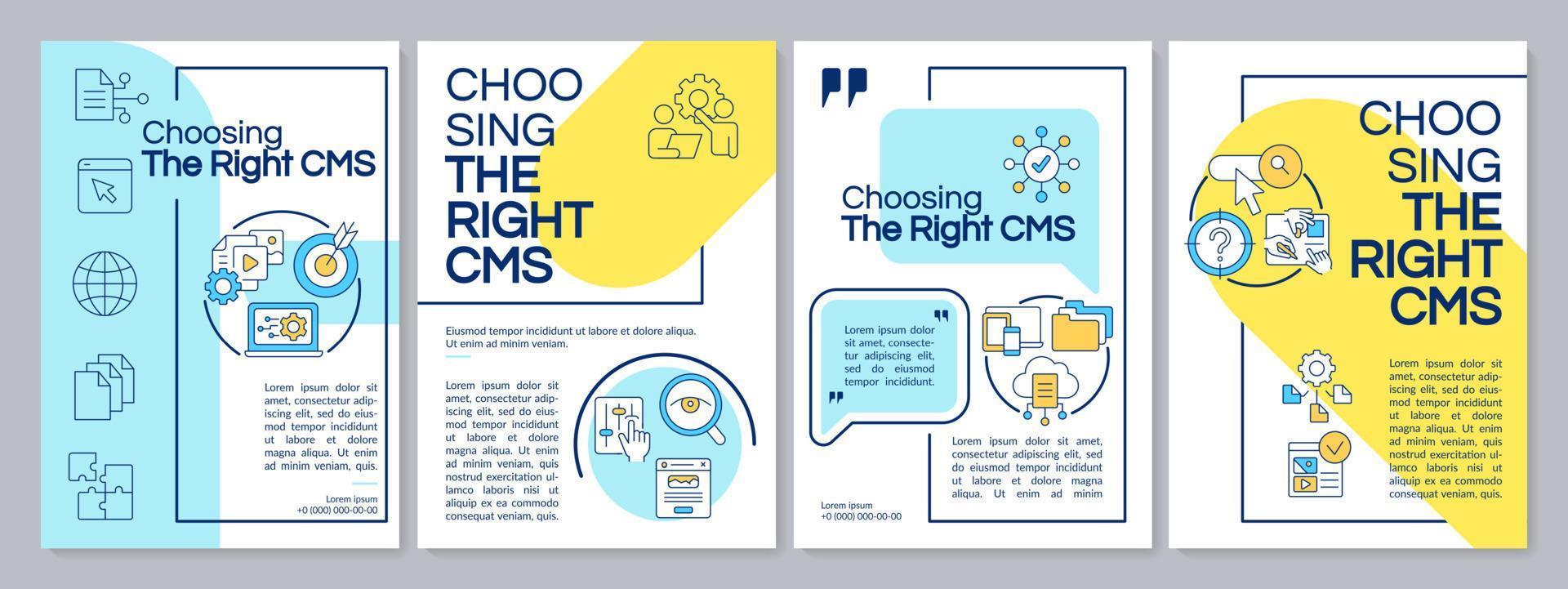 Selecting best CMS blue and yellow brochure template. Evaluation. Leaflet design with linear icons. Editable 4 vector layouts for presentation, annual reports.