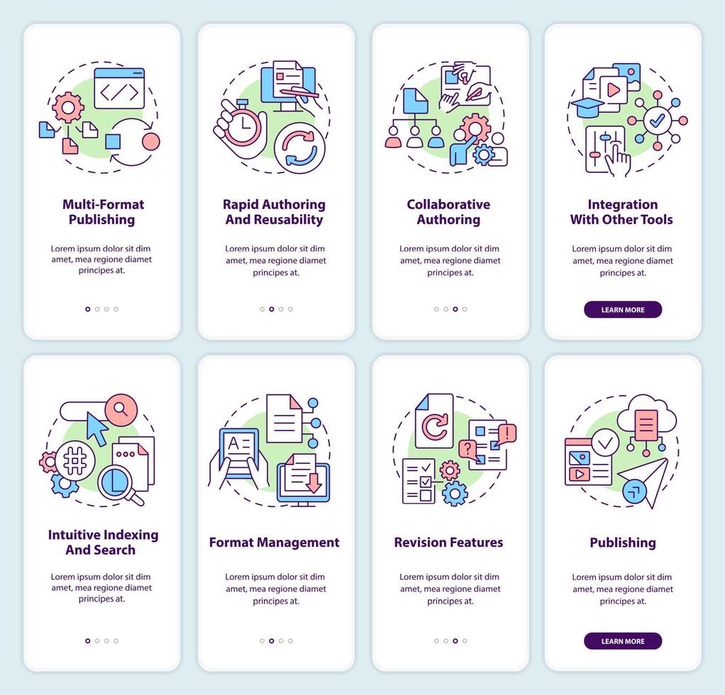 LCMS and CMS features onboarding mobile app screen set. Integration walkthrough 4 steps editable graphic instructions with linear concepts. UI, UX, GUI template. vector