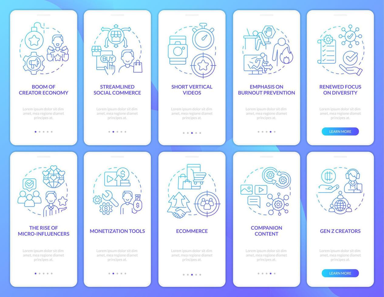 conjunto de pantalla de aplicación móvil de incorporación de degradado azul de la economía del creador. Instrucciones gráficas de 5 pasos del recorrido por las redes sociales con conceptos lineales. interfaz de usuario, ux, plantilla de interfaz gráfica de usuario. vector