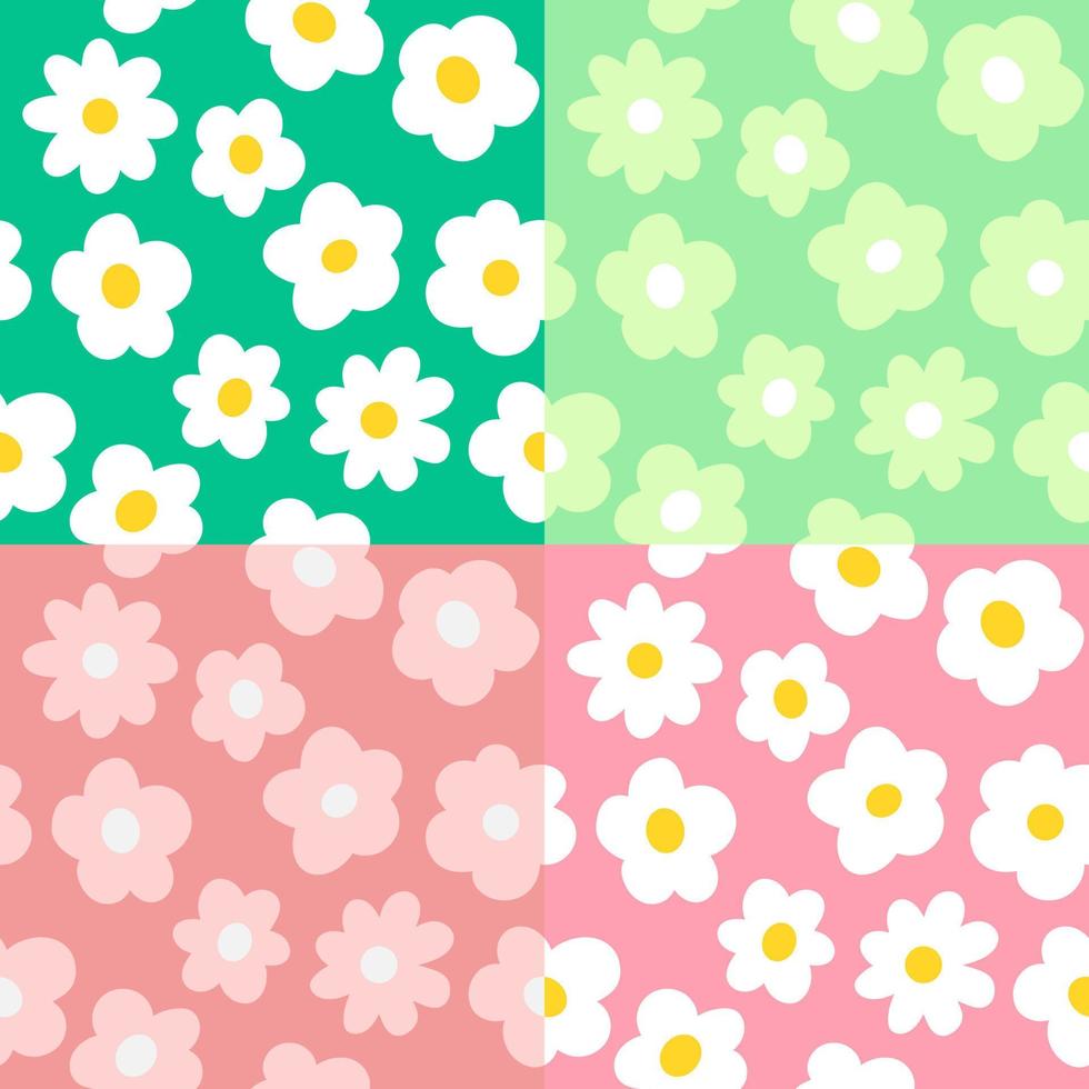 Set of Green and Pink Flowers Backgrounds, Seamless Editable Vector Patterns. Simple Floral Print Collection,  Multi Color Designs.