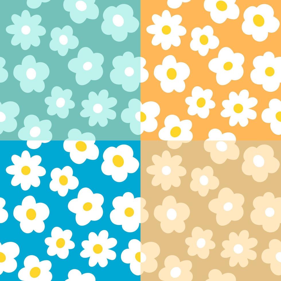 Set of Blue and Yellow Flowers Backgrounds, Seamless Editable Vector Patterns. Simple Floral Print Collection,  Multi Color Designs.