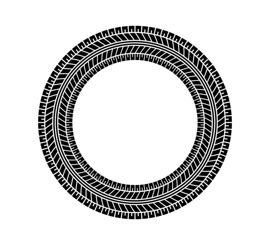 Auto tire tread circle frame. Car and motorcycle tire pattern, wheel tyre tread track print. Black tyre round border. Vector illustration isolated on white background