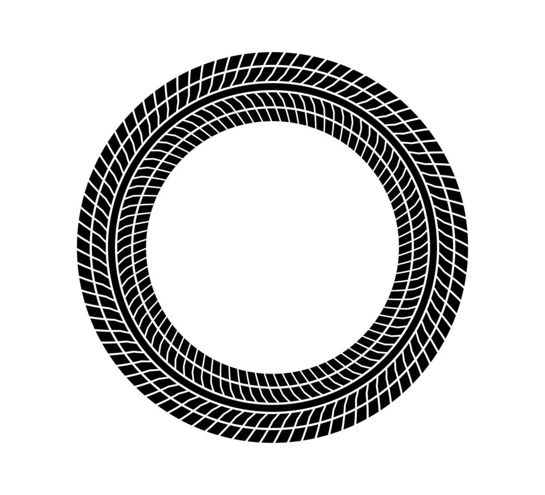 Auto tire tread circle frame. Car and motorcycle tire pattern, wheel tyre tread track print. Black tyre round border. Vector illustration isolated on white background