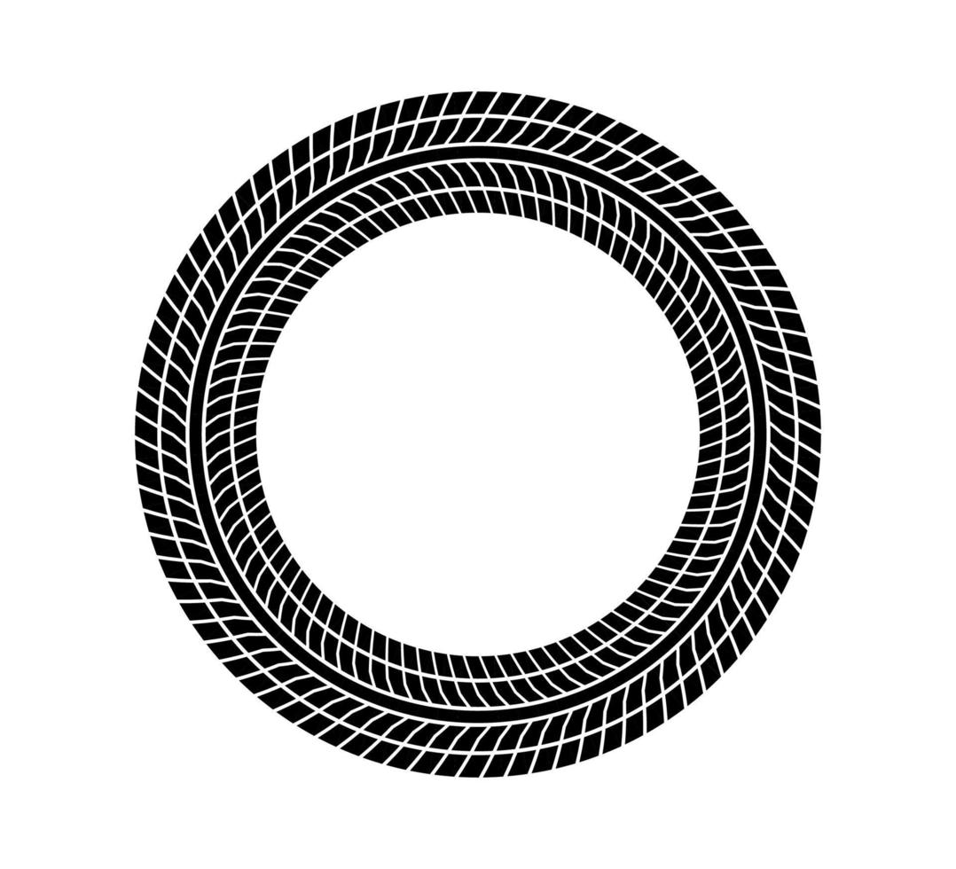 Auto tire tread circle frame. Car and motorcycle tire pattern, wheel tyre tread track print. Black tyre round border. Vector illustration isolated on white background