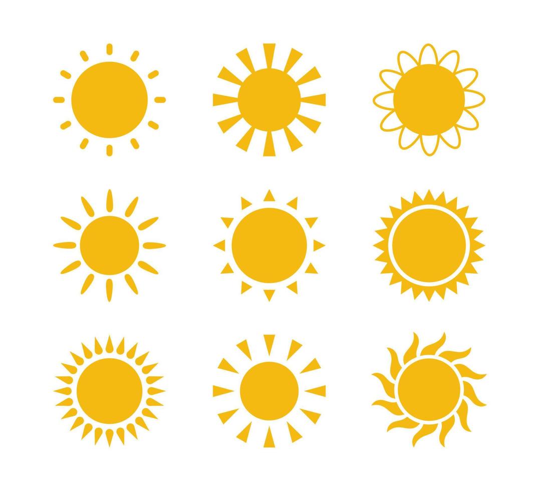 Yellow flat sun with rays icons in various design. Sun silhouette icons. Graphic weather signs. Symbol of heat, warm and climate. Vector illustrations set isolated on white background