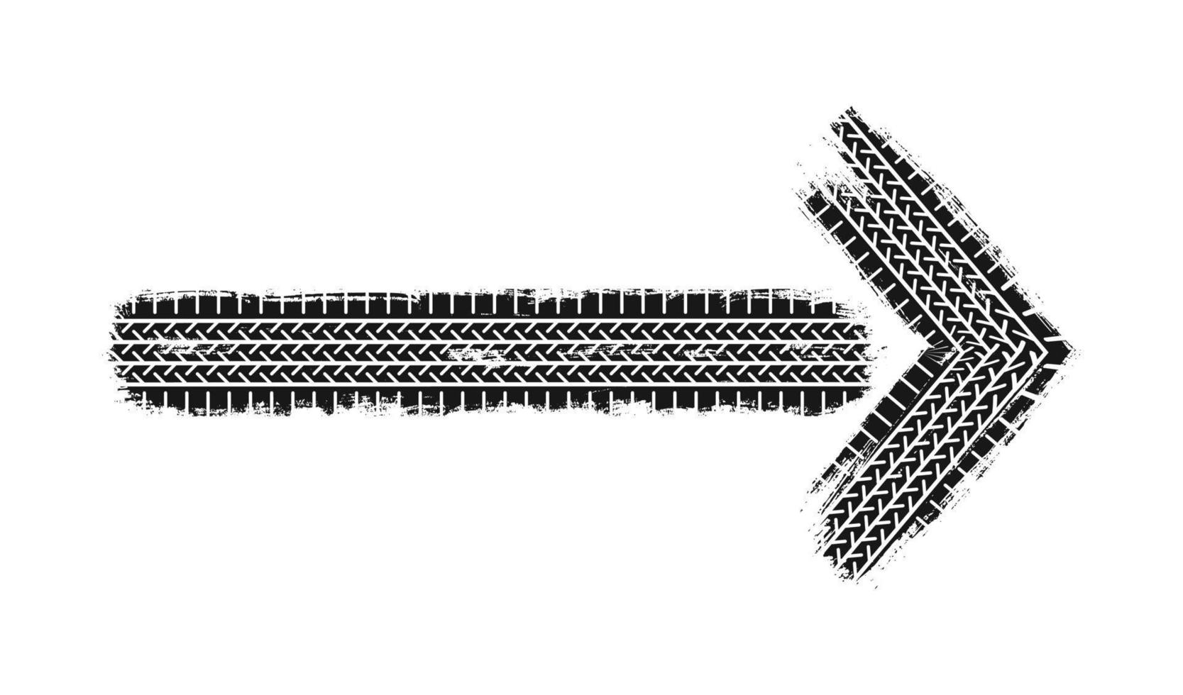 Auto tire tread grunge arrow. Car and motorcycle tire pattern, wheel tyre tread track. Direction arrow. Black tyre print. Vector illustration isolated on white background