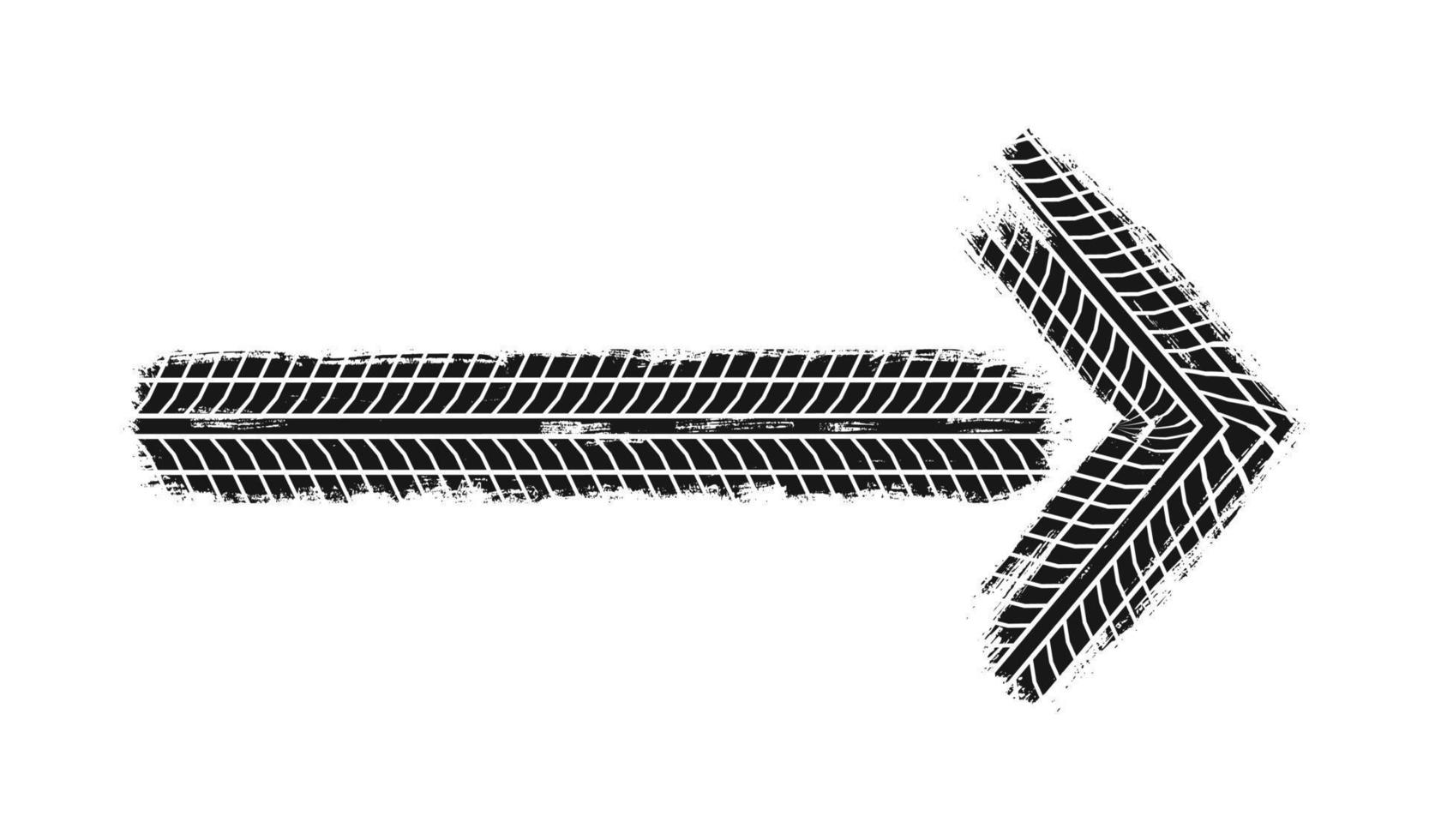 flecha del grunge de la banda de rodadura del neumático automático. patrón de neumáticos de automóviles y motocicletas, pista de rodadura de neumáticos de ruedas. flecha de dirección. huella de neumático negro. ilustración vectorial aislado sobre fondo blanco vector