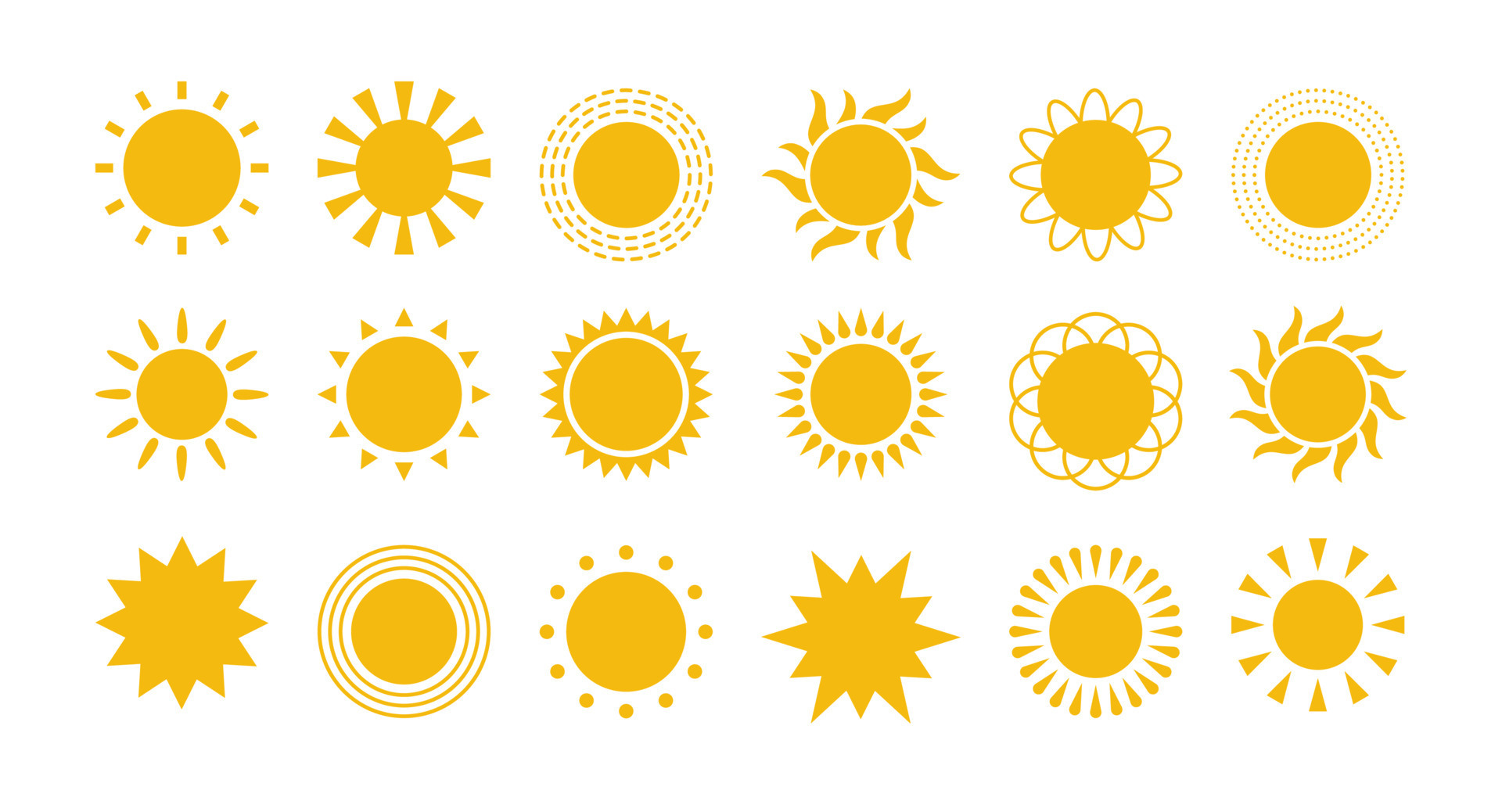Yellow flat sun with rays icons in various design. Sun silhouette icons