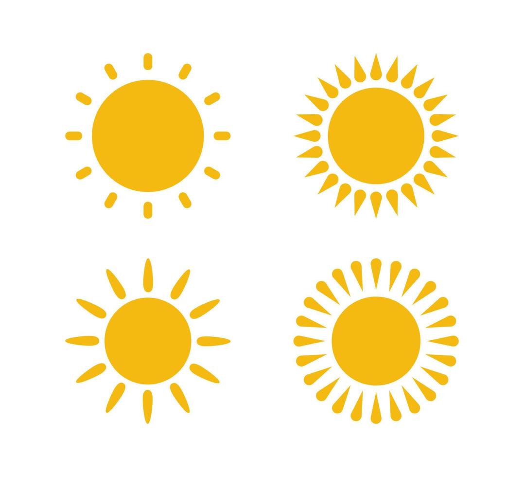Yellow flat sun with rays icons in various design. Sun silhouette icons. Graphic weather signs. Symbol of heat, warm and climate. Vector illustrations set isolated on white background
