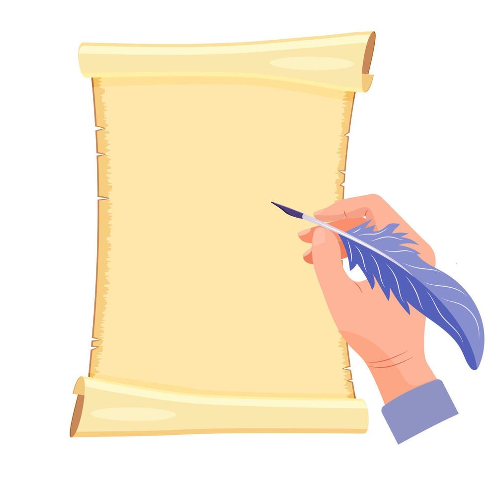 papel de desplazamiento en blanco para texto. la mano con una pluma de tinta está escribiendo en un pergamino viejo. fondo para el diseño de la poesía. lienzo antiguo. vector