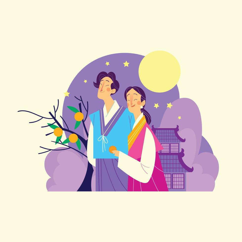 pareja coreana en chuseok por la noche vector