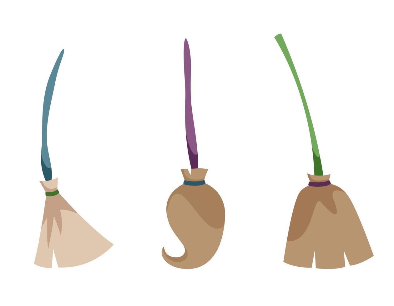 Set of witch brooms. Halloween design element in cartoon style. vector