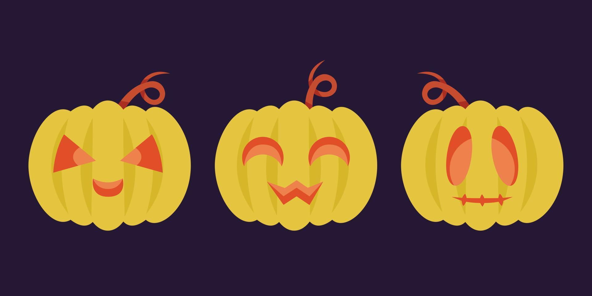 Set of spooky pumpkin heads. Halloween decoration objects in cartoon style. vector