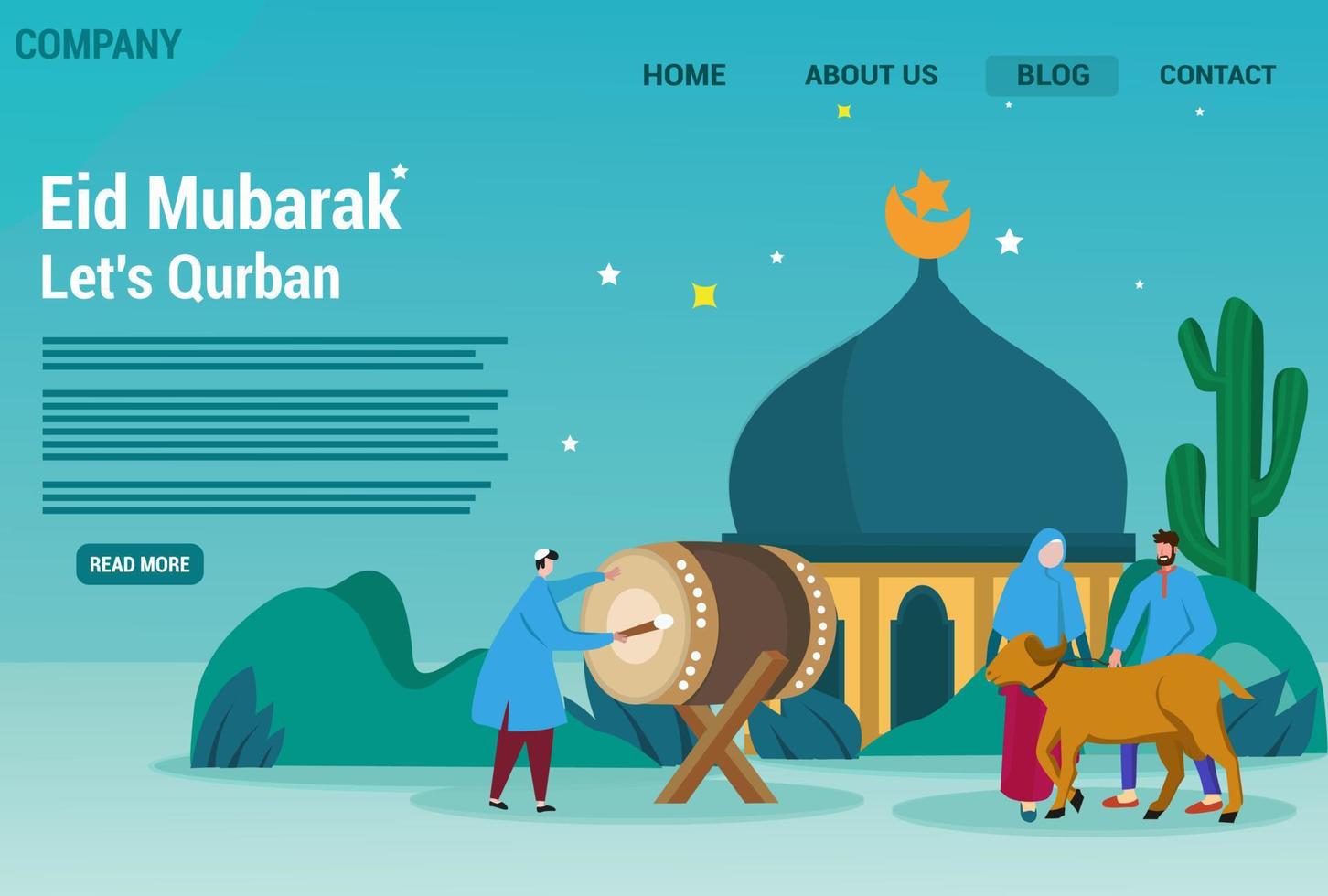 Eid al Adha landing page concept with sheep and people. Vector Illustration