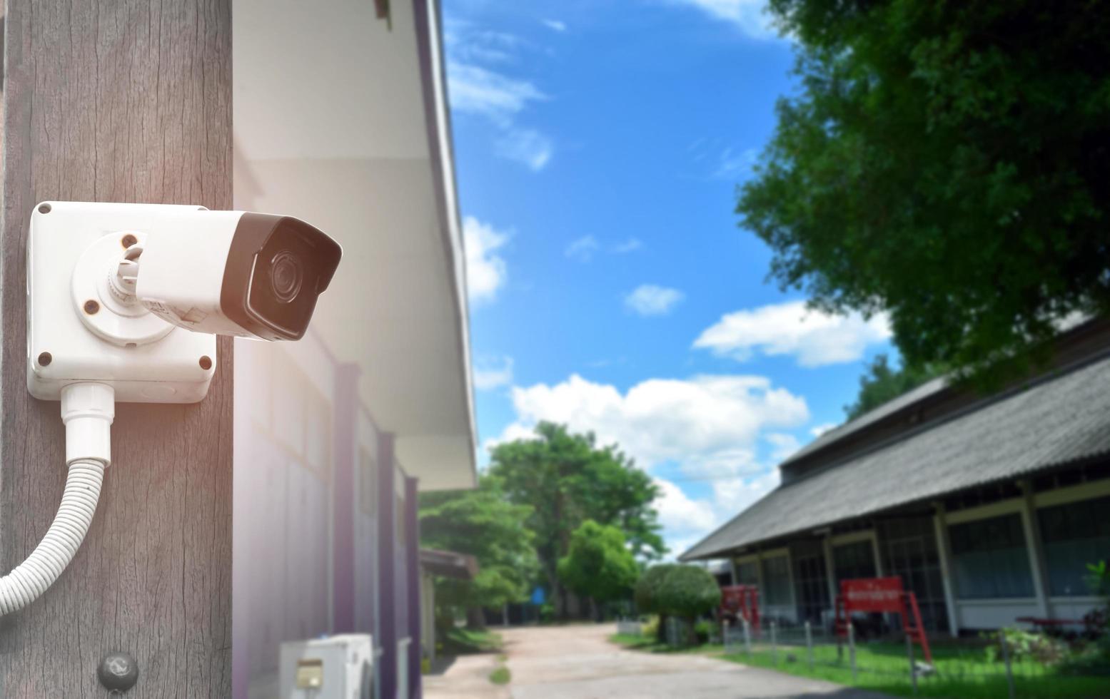 mini ip cctv camera installed on wooden pole to do the security instead of human by monitoring through mobile phone, soft and selective focus. photo