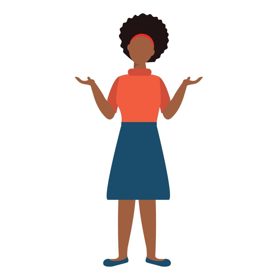 mujer afroamericana extiende sus manos. ups. no sé. perdón. mujer de cuerpo completo en falda aislada sobre fondo blanco. ilustración vectorial vector