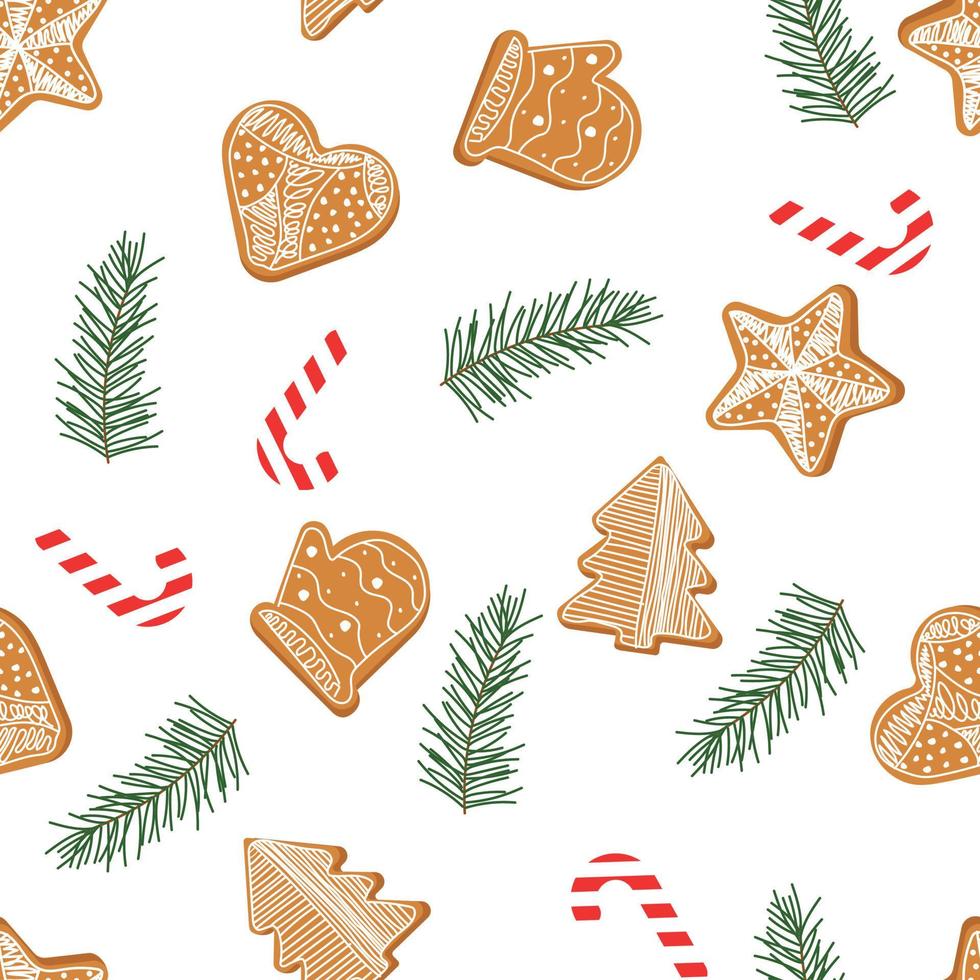 Seamless pattern with gingerbread and spruce branch eve tree and sweet Christmas stick. Vector illustration.