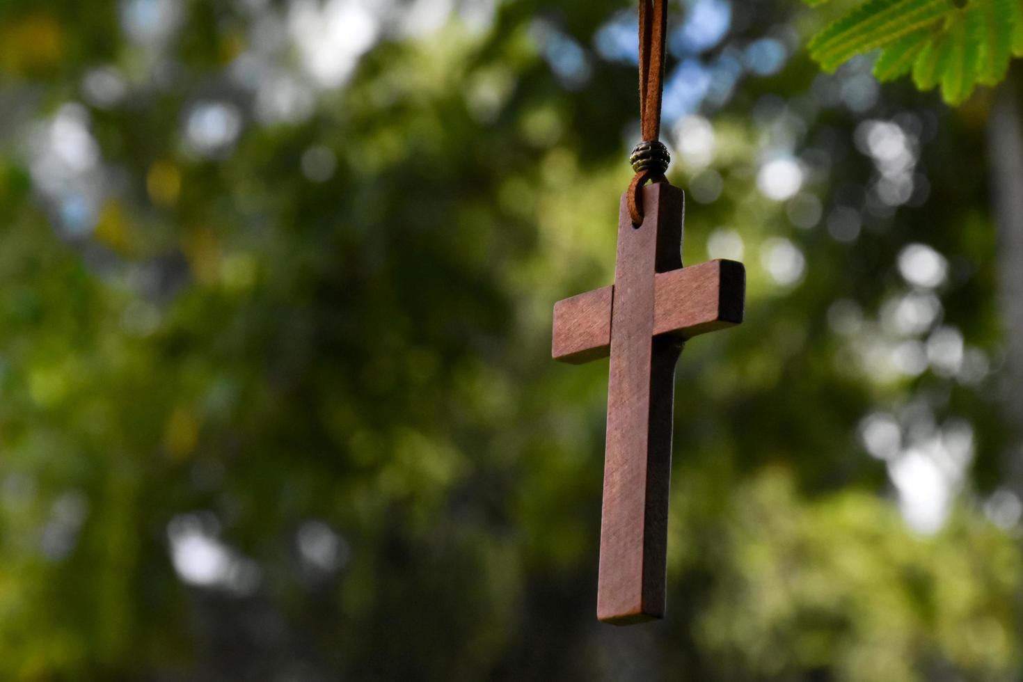 cruz de madera colgada en la rama de un árbol, enfoque suave y selectivo, fondo de árbol natural, concepto de esperanza, amor, perdón y creencia en Jesús en todo el mundo. foto