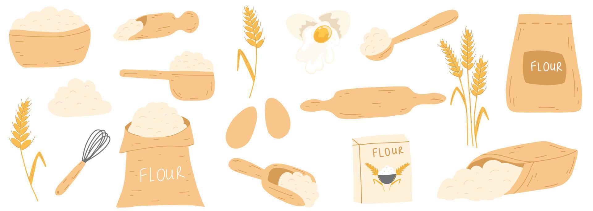 Baking ingredients in cartoon flat style. Bag with flour, eggs, kitchen whisk, rolling pin, wheat ear spikelet. Vector illustration set for pastry cooking