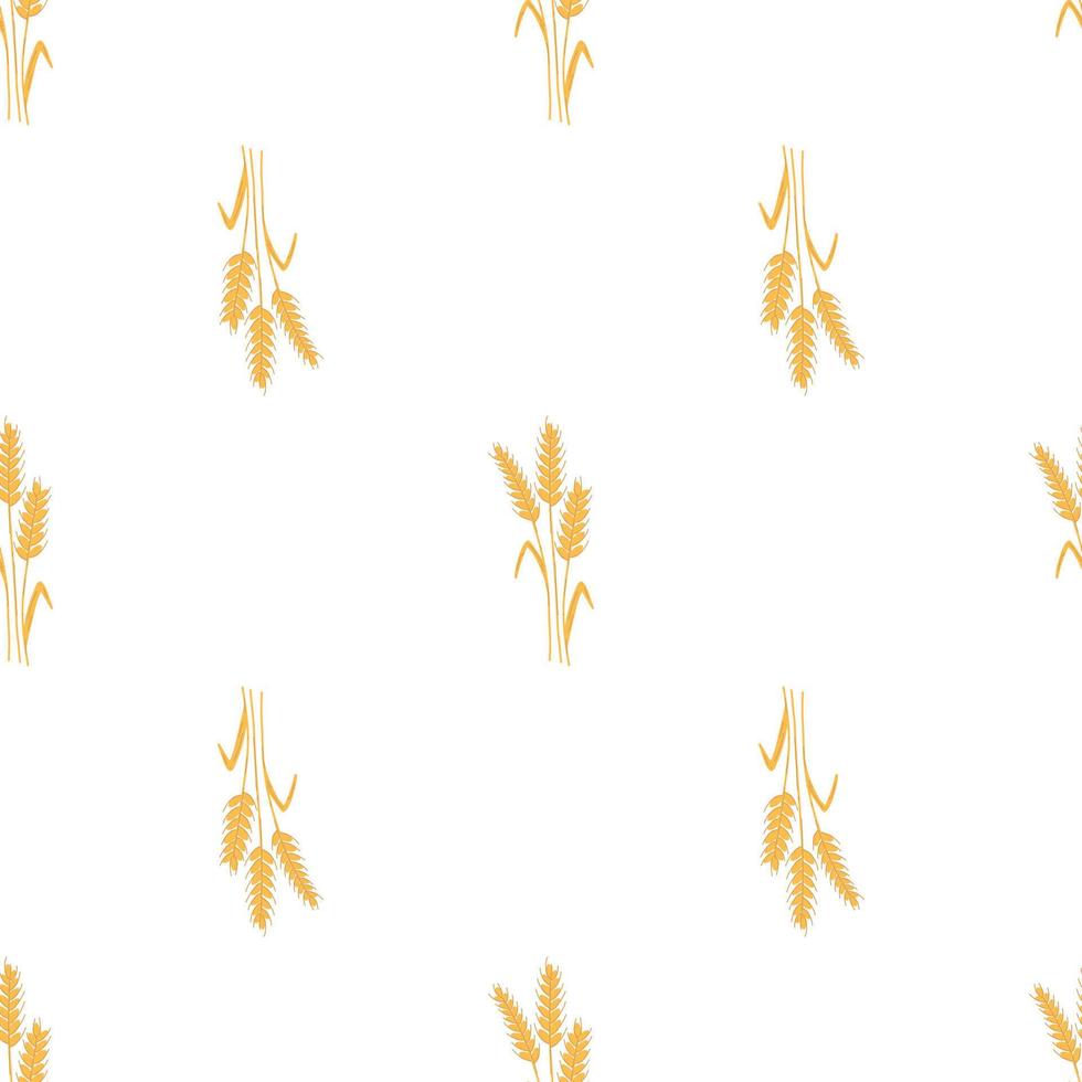 Seamless pattern with spikelets and grains of wheat on white background. Vector cartoon flat illustration for backery packaging, flour production, agriculture, harvest design