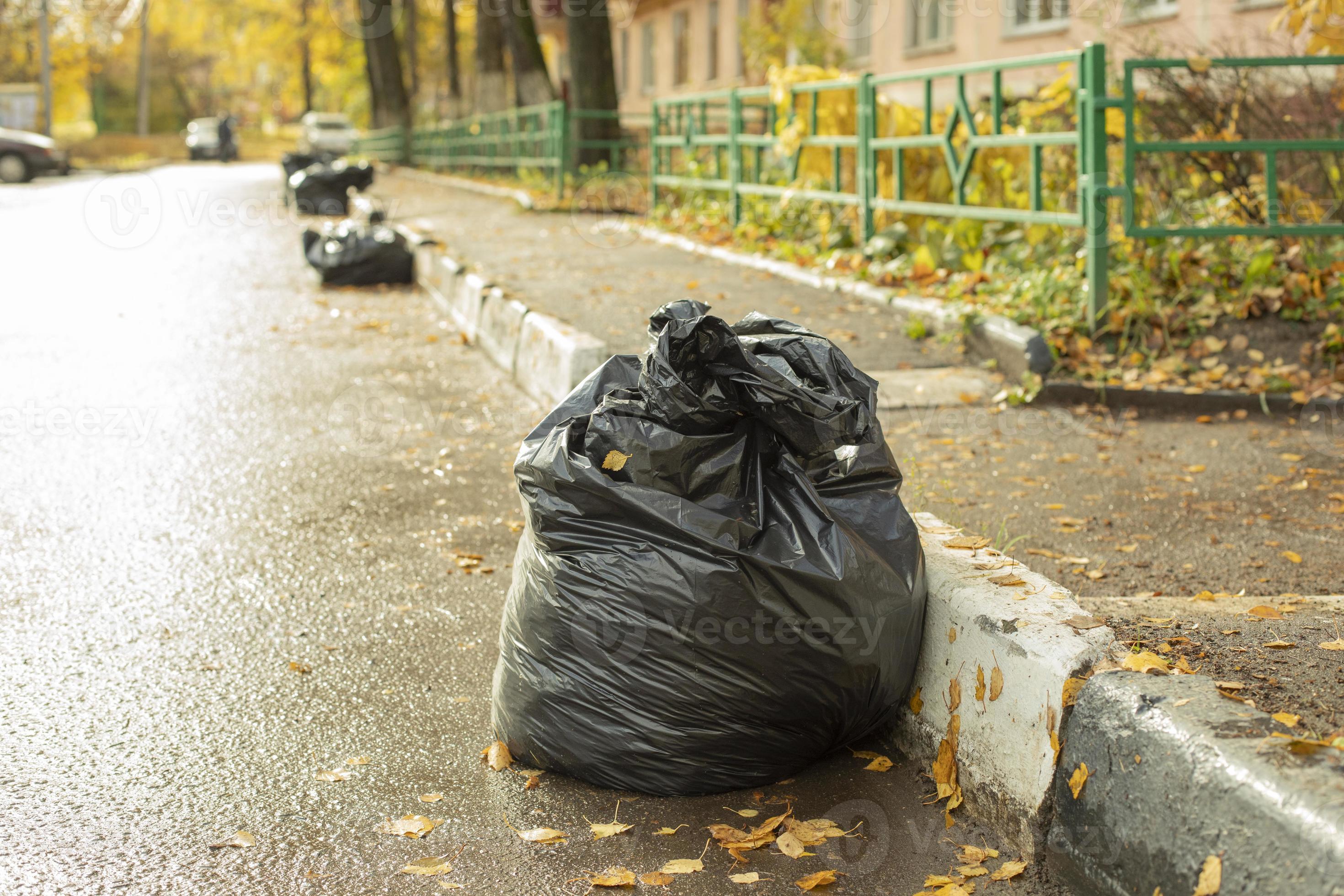 Bag of garbage on side of road. Leaf harvesting. Collecting waste in