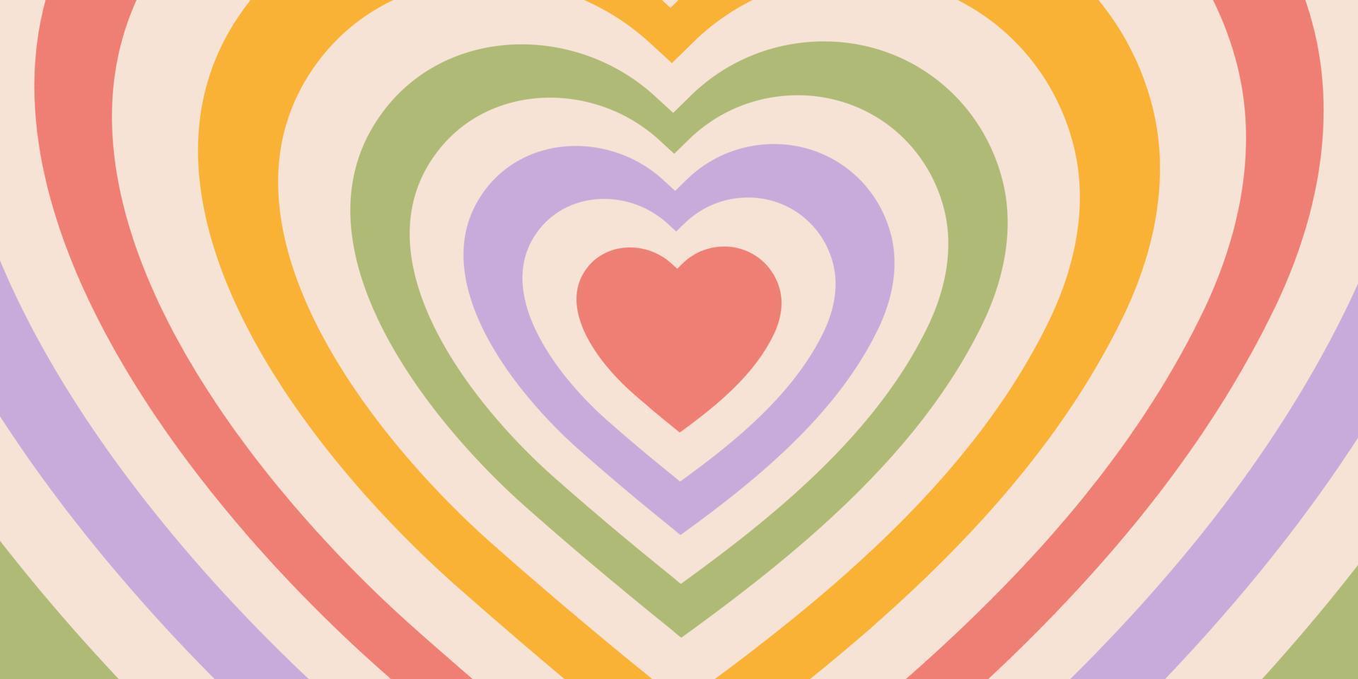 Retro horizontal background of heart shaped tunnel. Rainbow romantic pattern in style 60s, 70s. Pastel colors vector