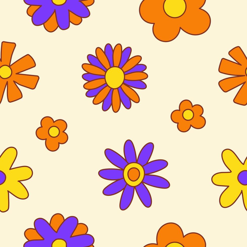 Retro seamless pattern of colorful hippie daisy flowers on a light background. Vintage festive groovy botanical design. Trendy vector illustration in 70s and 80s style.