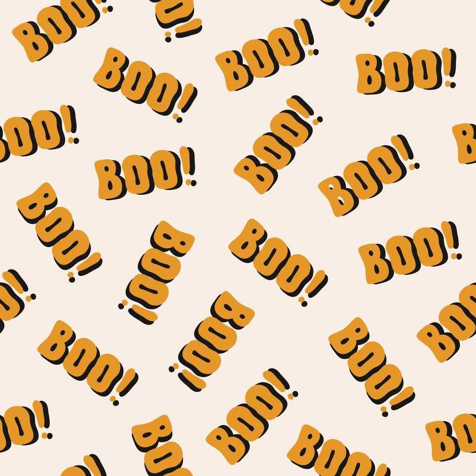Halloween abstract seamless pattern with boo text on a light background. Vector illustration