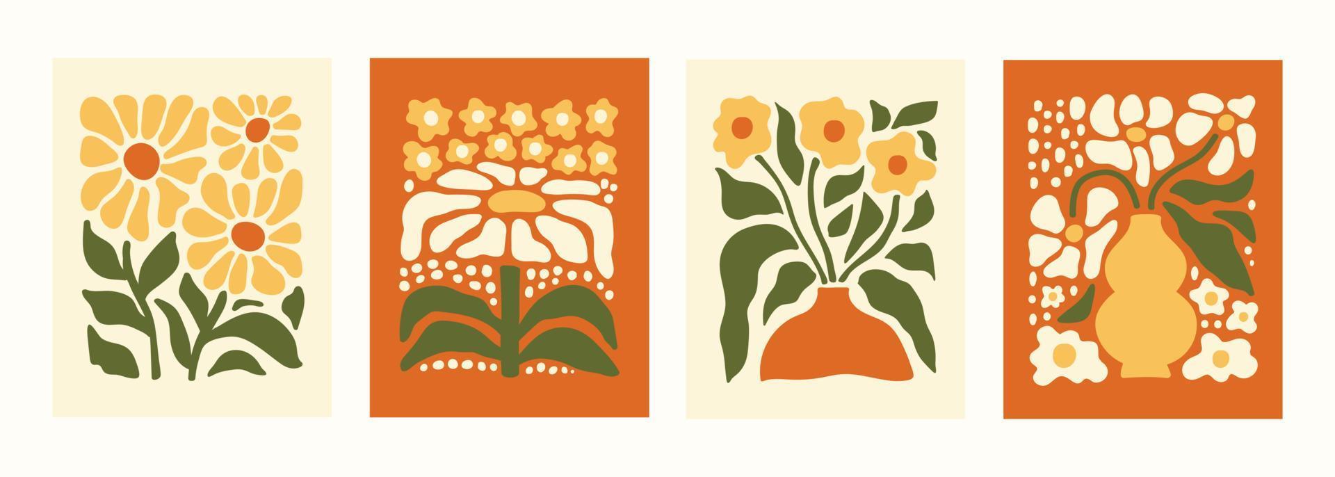 afiches botánicos abstractos con varias flores florecientes. decoración de arte naif. ilustración de vector dibujado a mano de moda