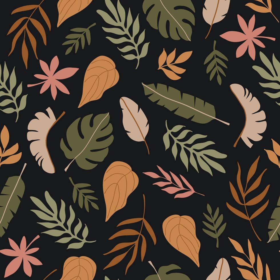 Autumn colorful seamless pattern of different abstract tropical leaves on a black background. Botanical trendy vector illustration