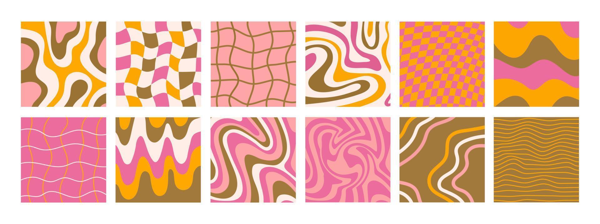 Big set of square backgrounds in style retro 70s, 80s. Groovy hippie abstract psychedelic design. Vector illustration