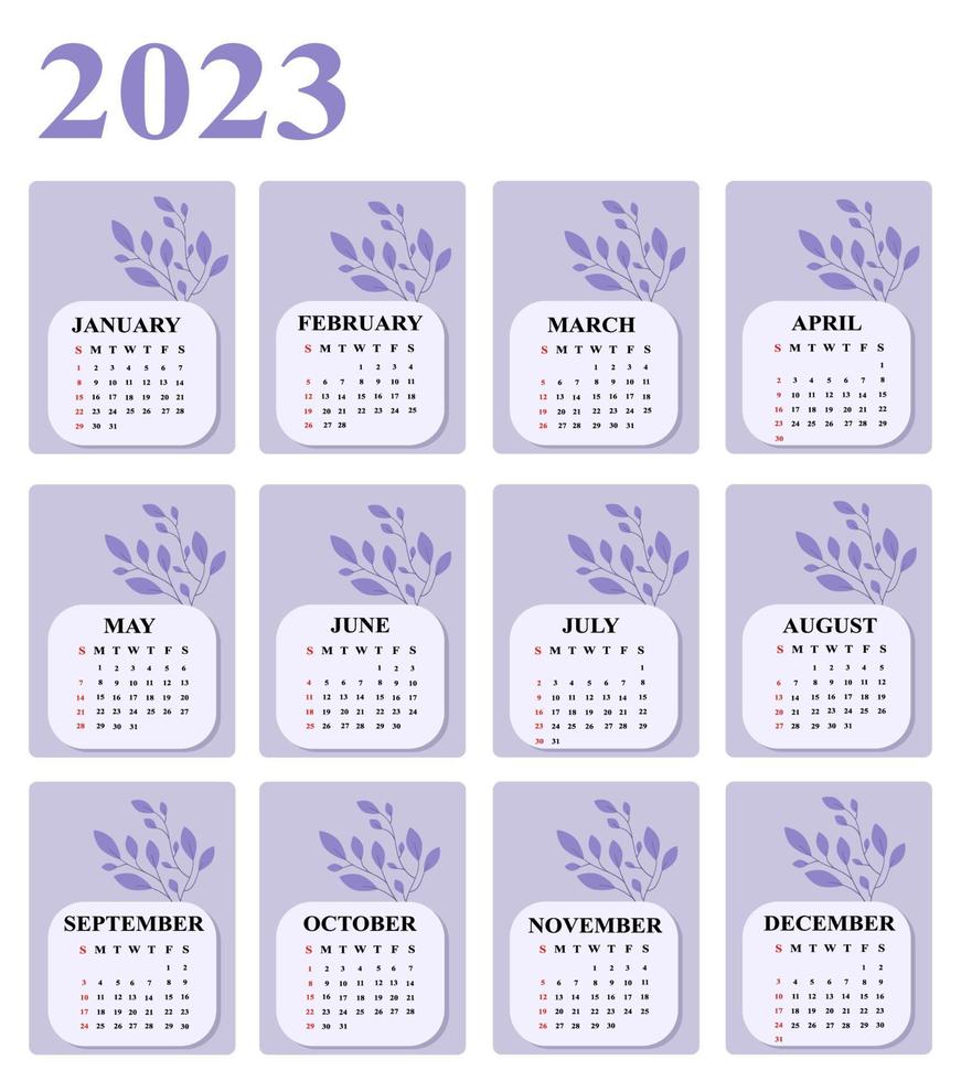 2023 calendar template with purple color design vector