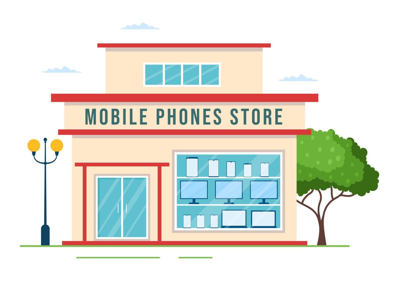 Mobile Phone Store Template Hand Drawn Cartoon Flat Illustration with Phones Models, Tablets, Gadget Retail, Other Devices and Accessories vector