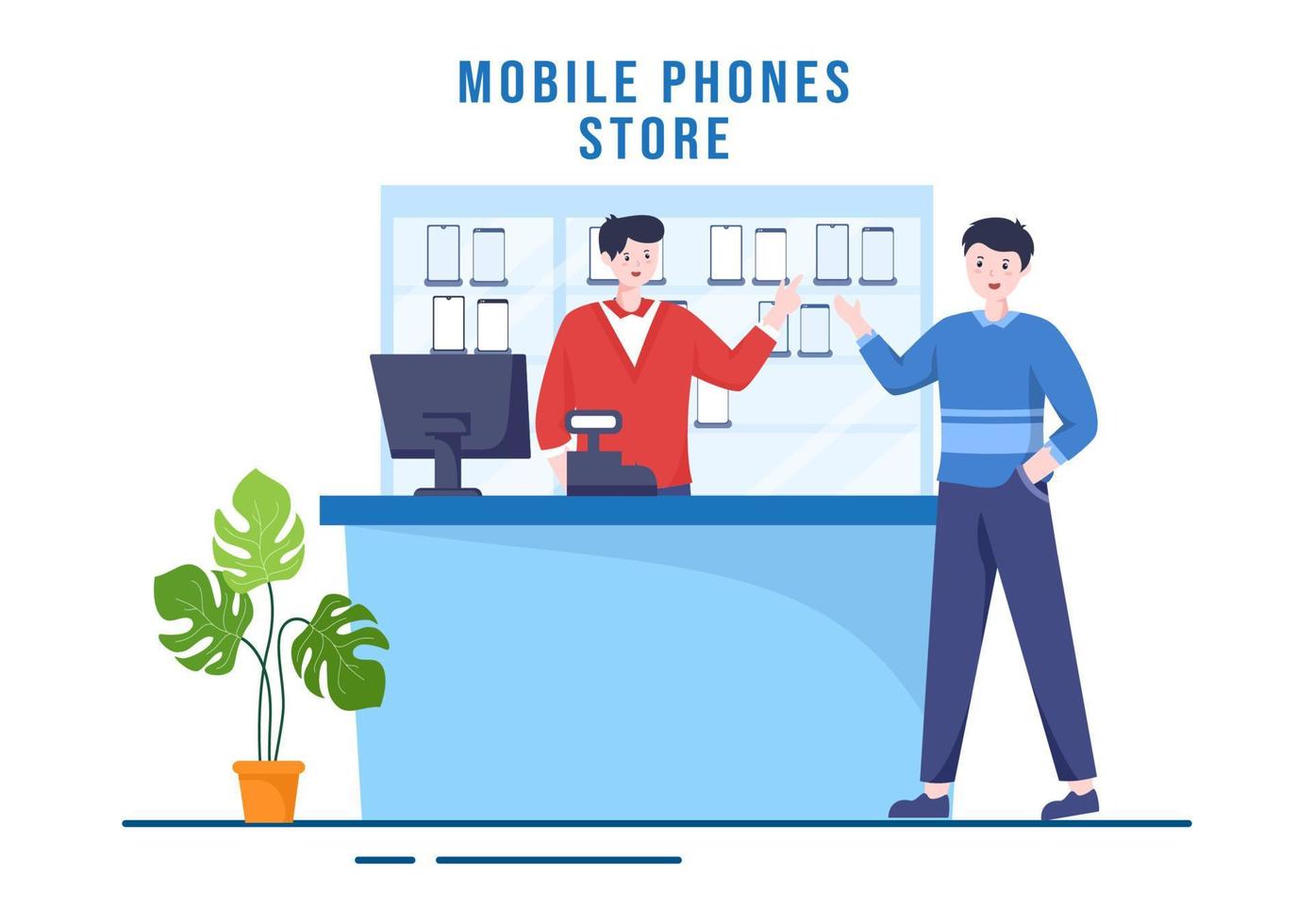 Mobile Phone Store Template Hand Drawn Cartoon Flat Illustration with Phones Models, Tablets, Gadget Retail, Other Devices and Accessories vector