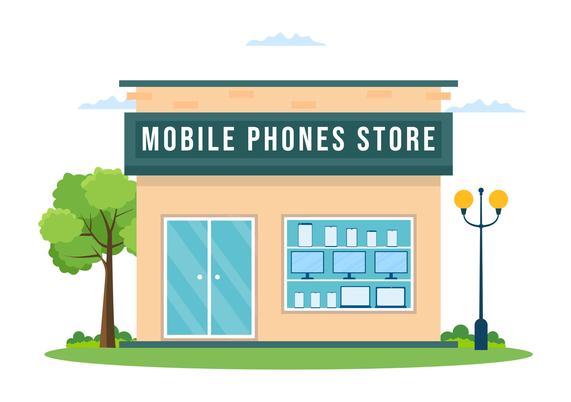 Mobile Phone Store Template Hand Drawn Cartoon Flat Illustration with Phones Models, Tablets
