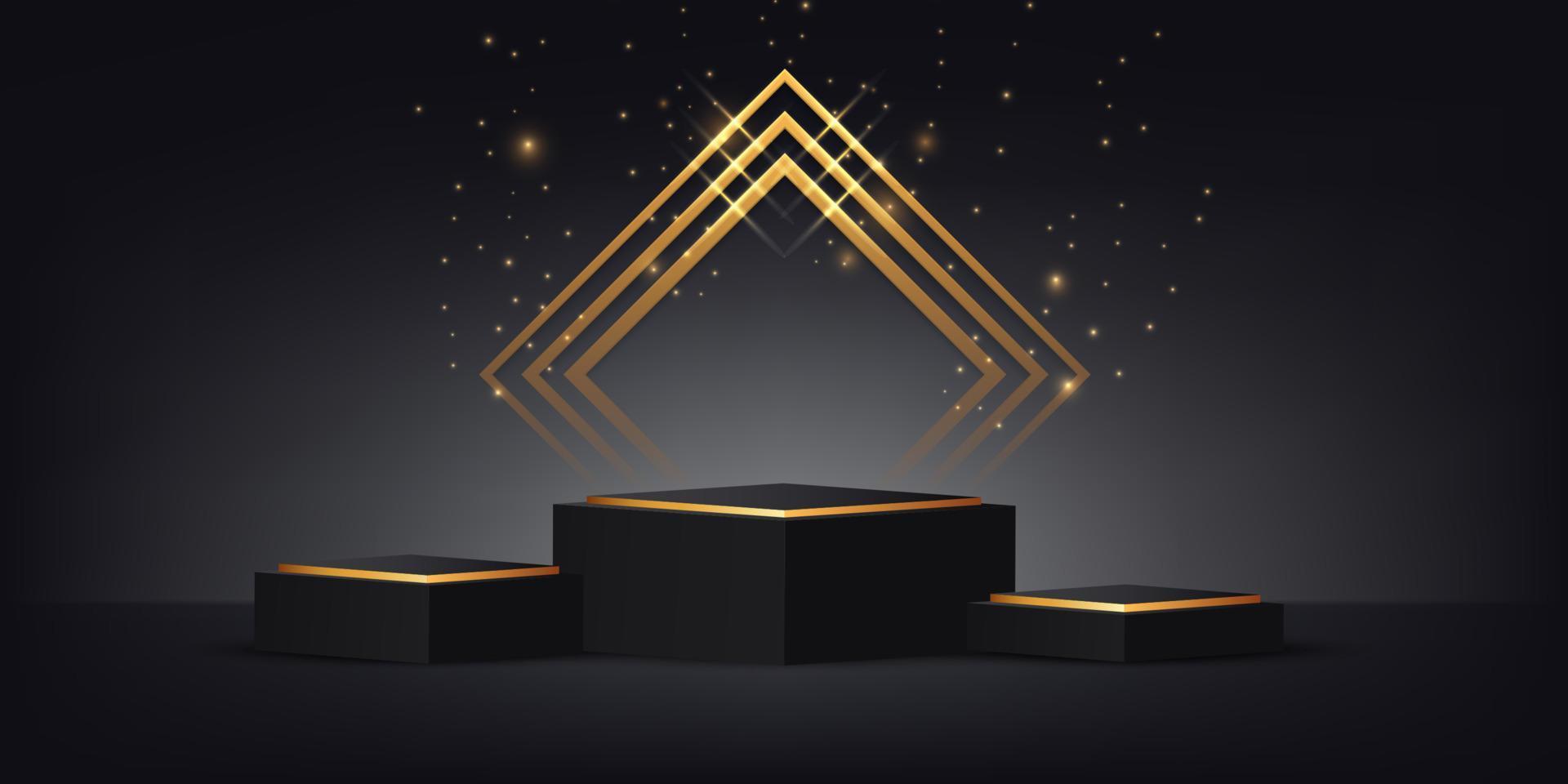 Luxurious 3d studio space with black and gold square pedestal podium with sparkles and light effect vector