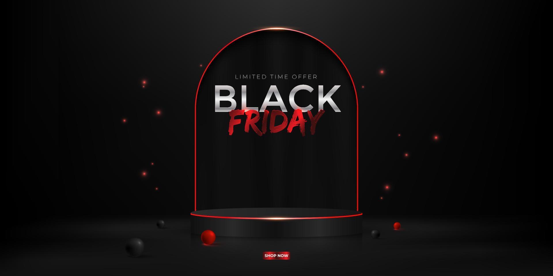 Black friday sale with 3d realistic cylinder pedestal podium, sparkles and 3d glossy balls vector