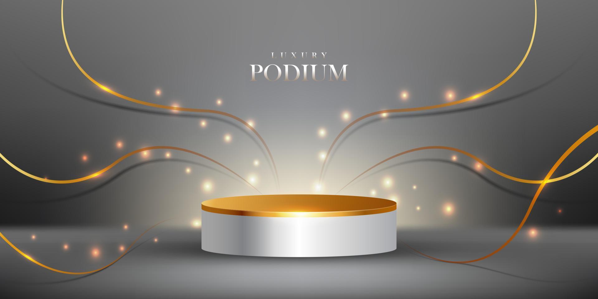 Realistic white and gold color cylinder pedestal podium with golden ribbon elements and glitter light effect luxury background vector