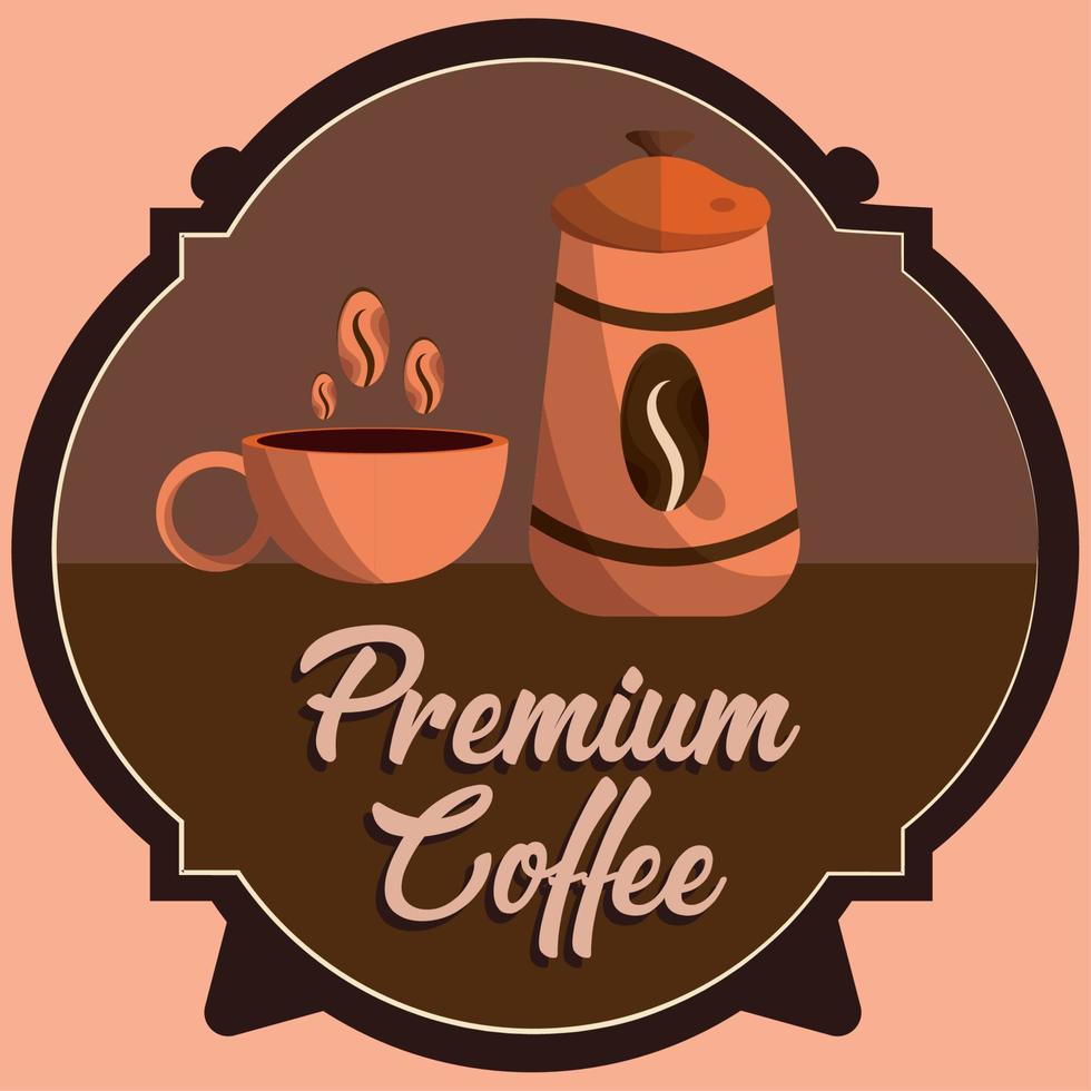 Colored premium coffee label with a cup and a pot Vector illustration