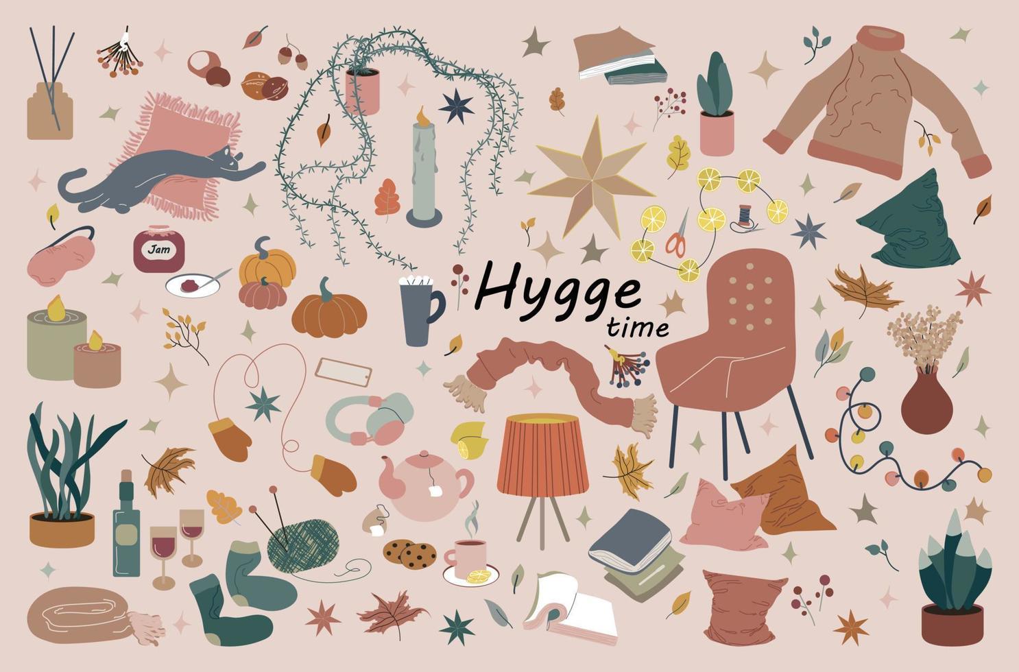 Hygge time autumn and winter set vector illustration