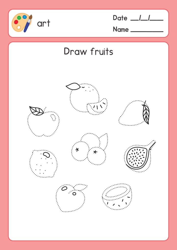 dibuje fruta a lo largo de la línea punteada en la hoja de ejercicios de la materia de arte kawaii doodle dibujos animados vectoriales vector