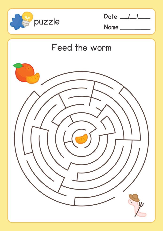 Feed the orange for worms maze game exercises sheet kawaii doodle vector cartoon