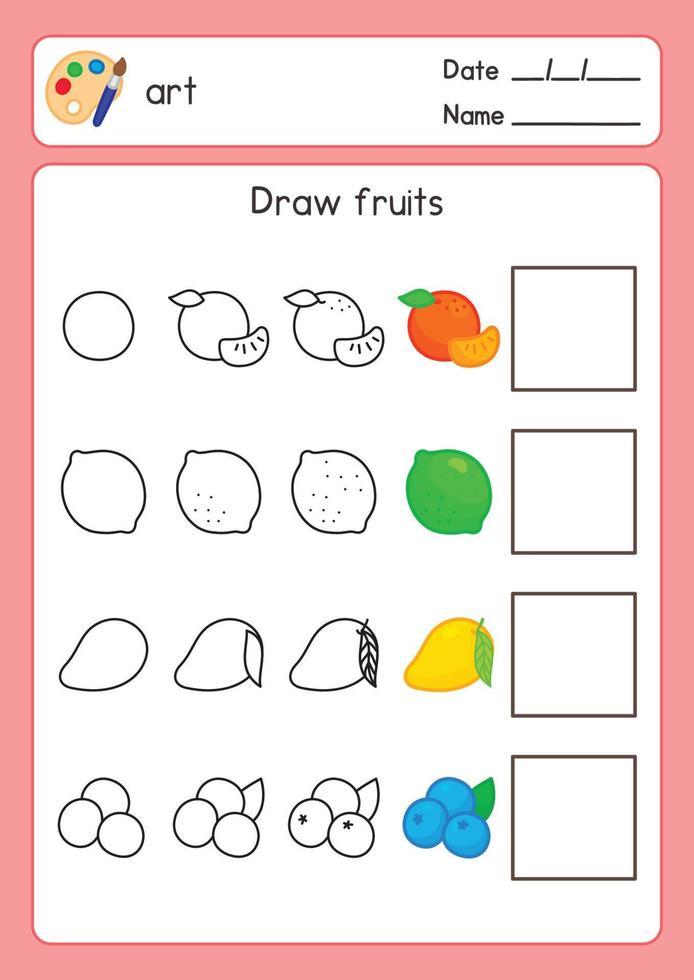 dibuja la línea sigue el ejemplo fruta y colorea en la hoja de ejercicios del tema del arte kawaii doodle dibujos animados vectoriales vector