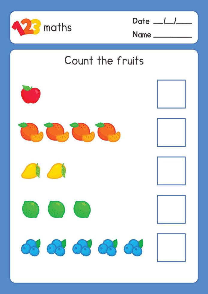 cuente la fruta y escríbala en el cuadrado en blanco en la hoja de ejercicios de matemáticas kawaii dibujo vectorial de garabato vector